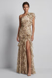 Champagne Ruffled Maxi One Shoulder Mermaid Formal Dress with Slit