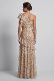 Champagne Ruffled Maxi One Shoulder Mermaid Formal Dress with Slit
