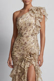 Champagne Ruffled Maxi One Shoulder Mermaid Formal Dress with Slit