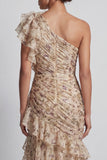 Champagne Ruffled Maxi One Shoulder Mermaid Formal Dress with Slit