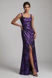 Dark Purple Maxi Square Neck Ruched Floral Mermaid Formal Dress with Slit