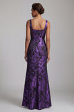 Dark Purple Maxi Square Neck Ruched Floral Mermaid Formal Dress with Slit
