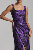 Dark Purple Maxi Square Neck Ruched Floral Mermaid Formal Dress with Slit