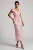 Blush Beaded Sheath Long Wedding Guest Dress with Ruffles