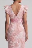 Blush Beaded Sheath Long Wedding Guest Dress with Ruffles