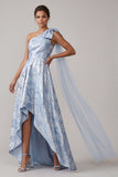 Sky Blue High Low A Line Floral Formal Dress with Bow