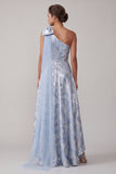 Sky Blue High Low A Line Floral Formal Dress with Bow