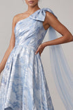 Sky Blue High Low A Line Floral Formal Dress with Bow