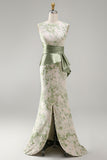 Light Green Mermaid Maxi Boat Neck Floral Formal Dress with Drape