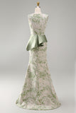Light Green Mermaid Maxi Boat Neck Floral Formal Dress with Drape