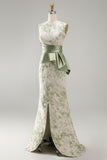 Light Green Mermaid Maxi Boat Neck Floral Formal Dress with Drape