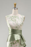 Light Green Mermaid Maxi Boat Neck Floral Formal Dress with Drape