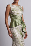 Light Green Mermaid Maxi Boat Neck Floral Formal Dress with Drape