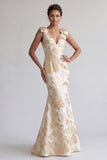 Champagne Mermaid Maxi V-Neck Floral Formal Dress with Bows