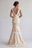 Champagne Mermaid Maxi V-Neck Floral Formal Dress with Bows