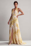 Yellow Halter Floral A Line Maxi Wedding Guest Dress with Slit