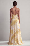 Yellow Halter Floral A Line Maxi Wedding Guest Dress with Slit