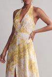 Yellow Halter Floral A Line Maxi Wedding Guest Dress with Slit