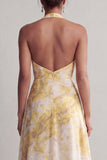 Yellow Halter Floral A Line Maxi Wedding Guest Dress with Slit