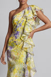 Yellow One Shoulder Floral Sheath Maxi Wedding Guest Dress with Ruffles
