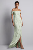 Light Green Floral Off the Shoulder Mermaid Maxi Wedding Guest Dress with Slit