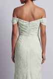 Light Green Floral Off the Shoulder Mermaid Maxi Wedding Guest Dress with Slit