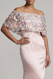 Blush Appliqued Off the Shoulder Mermaid Maxi Formal Dress with Cape