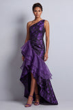 Dark Purple One Shoulder Mermaid Maxi Floral Formal Dress with Ruffles
