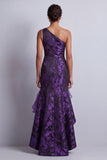 Dark Purple One Shoulder Mermaid Maxi Floral Formal Dress with Ruffles