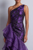 Dark Purple One Shoulder Mermaid Maxi Floral Formal Dress with Ruffles