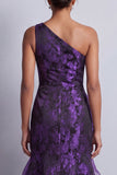 Dark Purple One Shoulder Mermaid Maxi Floral Formal Dress with Ruffles