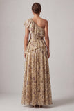 Champagne Ruffled One Shoulder A Line Maxi Floral Formal Dress with Slit