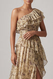 Champagne Ruffled One Shoulder A Line Maxi Floral Formal Dress with Slit