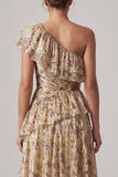 Champagne Ruffled One Shoulder A Line Maxi Floral Formal Dress with Slit