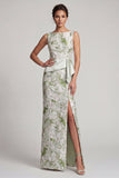 Light Green Mermaid Maxi Floral Sleeveless Formal Dress with Slit