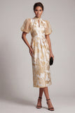 Champagne Floral Sheath Keyhole Midi Wedding Guest Dress with Sleeves