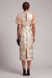 Champagne Floral Sheath Keyhole Midi Wedding Guest Dress with Sleeves