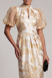 Champagne Floral Sheath Keyhole Midi Wedding Guest Dress with Sleeves