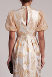 Champagne Floral Sheath Keyhole Midi Wedding Guest Dress with Sleeves