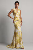 Yellow Floral Mermaid V-Neck Maxi Wedding Guest Dress