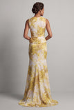 Yellow Floral Mermaid V-Neck Maxi Wedding Guest Dress