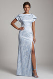 Sky Blue Mermaid Maxi Floral Elegant Formal Dress with Slit