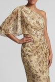 Champagne Sheath One Shoulder Maxi Floral Formal Dress