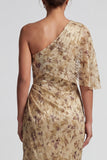 Champagne Sheath One Shoulder Maxi Floral Formal Dress