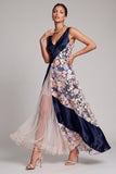 Blush Floral A Line V-Neck Maxi Appliqued Wedding Guest Dress