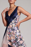 Blush Floral A Line V-Neck Maxi Appliqued Wedding Guest Dress