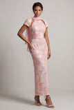 Sparkly Blush Maxi Beaded Sheath Wedding Guest Dress with Sleeves