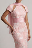 Sparkly Blush Maxi Beaded Sheath Wedding Guest Dress with Sleeves