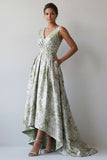 Light Green A Line V-Neck Maxi Floral Formal Dress with Pockets
