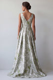 Light Green A Line V-Neck Maxi Floral Formal Dress with Pockets
